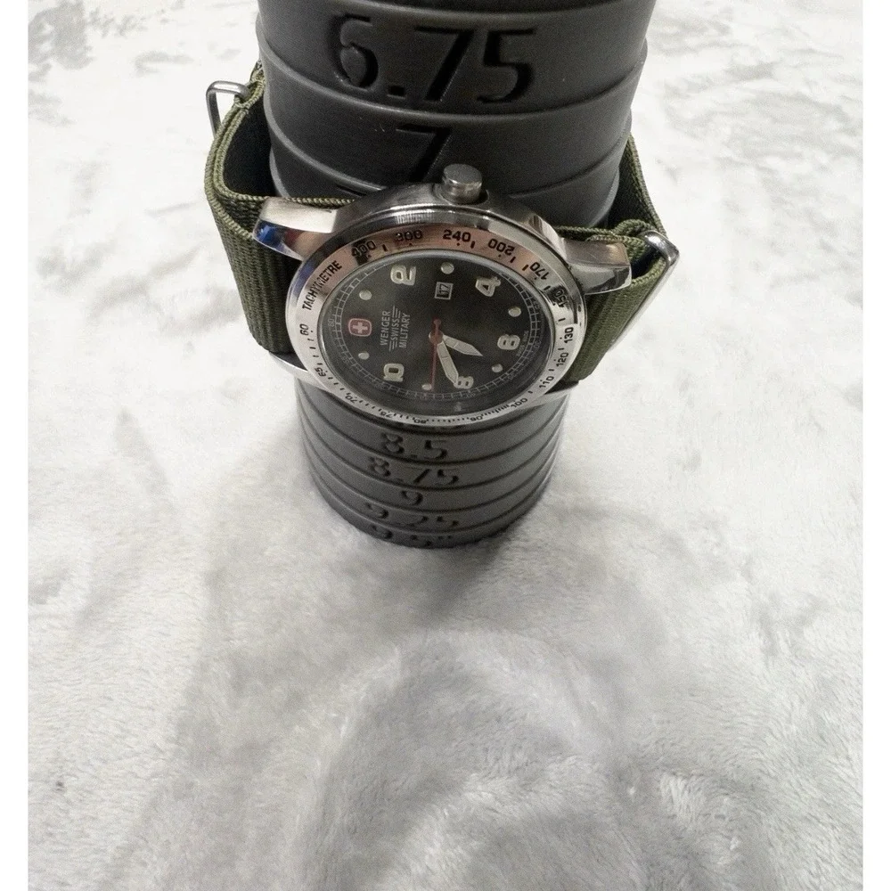 Wenger Swiss Military Mens 38mm Watch Black Dial Tachymeter New Battery Strap